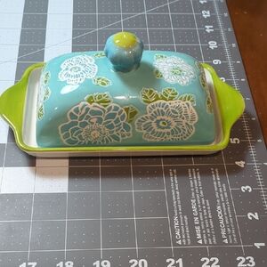 Turquoise Floral Ceramic Butter Dish with Lid